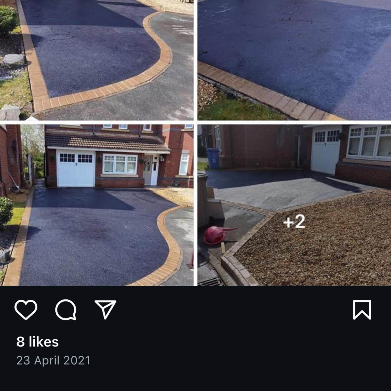 Instagram collage: dark driveway with tan block border at red brick house
